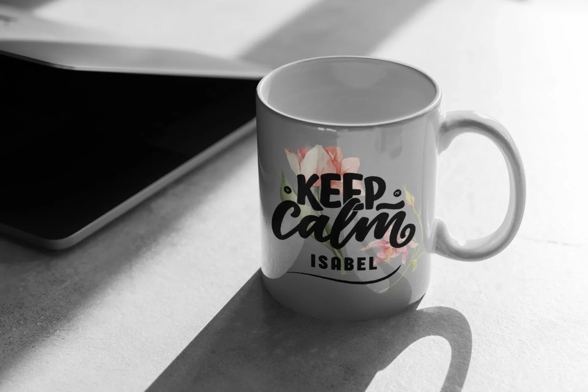 Gray ceramic mug with Keep Calm floral print and name ISABEL