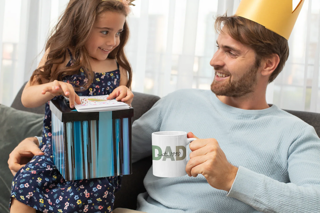 White ceramic coffee mug with DAD and Est. lettering