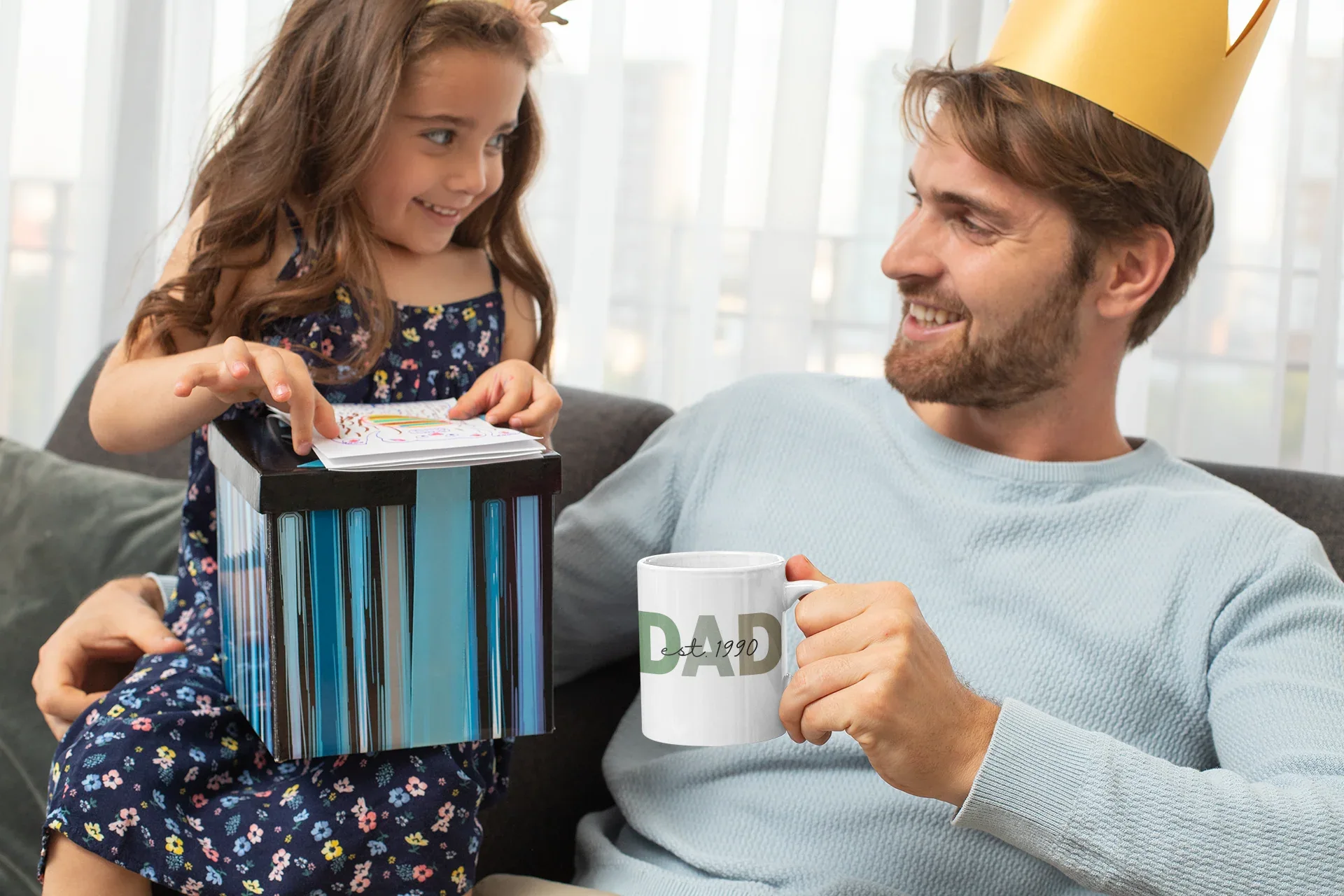 White ceramic coffee mug with DAD and Est. lettering