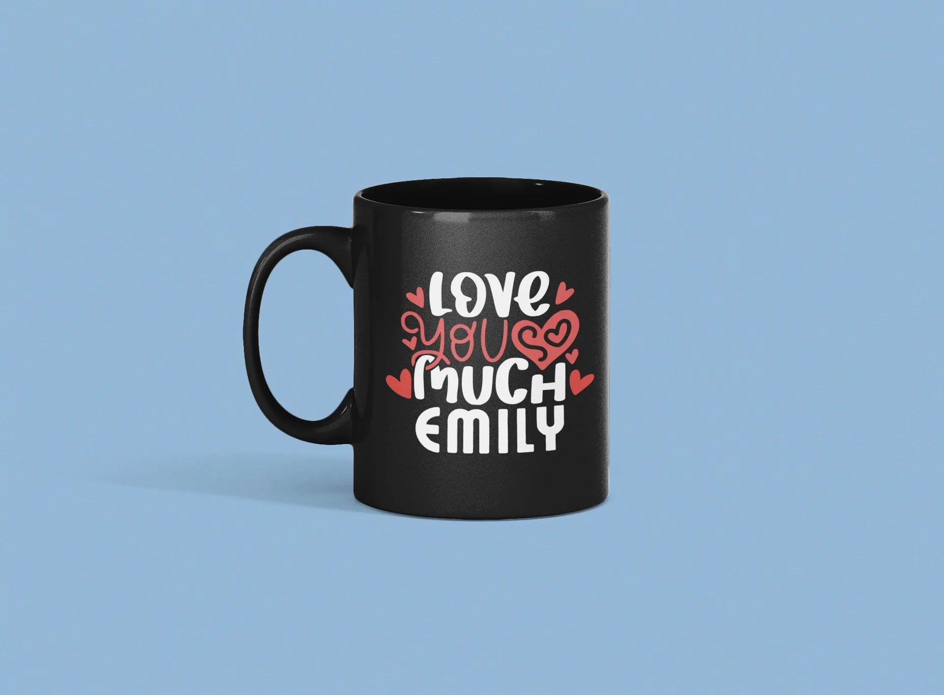 Personalised black mug with 'Love you much' and name EMILY