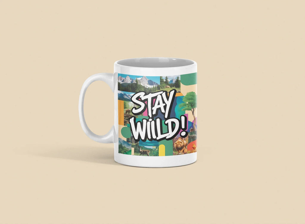 White ceramic mug with 'STAY WILD!' graphic, centered on light background