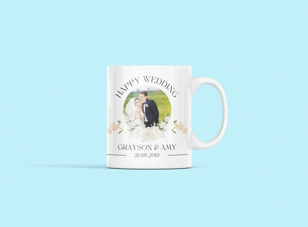 White wedding mug with couple portrait, Happy Wedding, Grayson & Amy, 21.08.2019