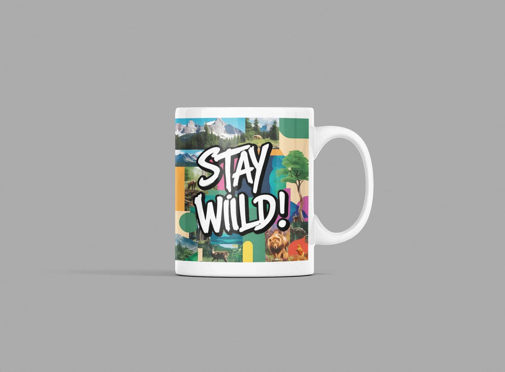 White ceramic mug with 'STAY WILD!' graphic, small side view