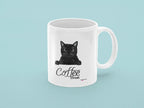 Coffee break mug in white with black cat graphic and “Coffee Break” text; handle visible.