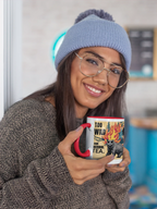 Ceramic tea mug with flaming cat graphic and red curved handle