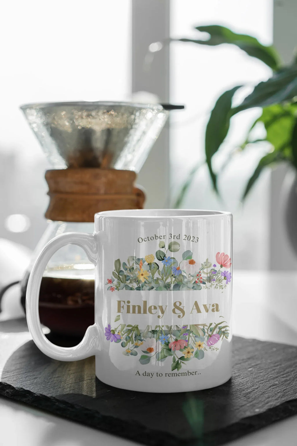 White mug with floral design, 'Finley & Ava' and 'October 3rd, 2023'