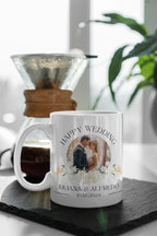 White wedding mug with couple portrait, Happy Wedding, Juliana & Alfredo, 10.19.2024