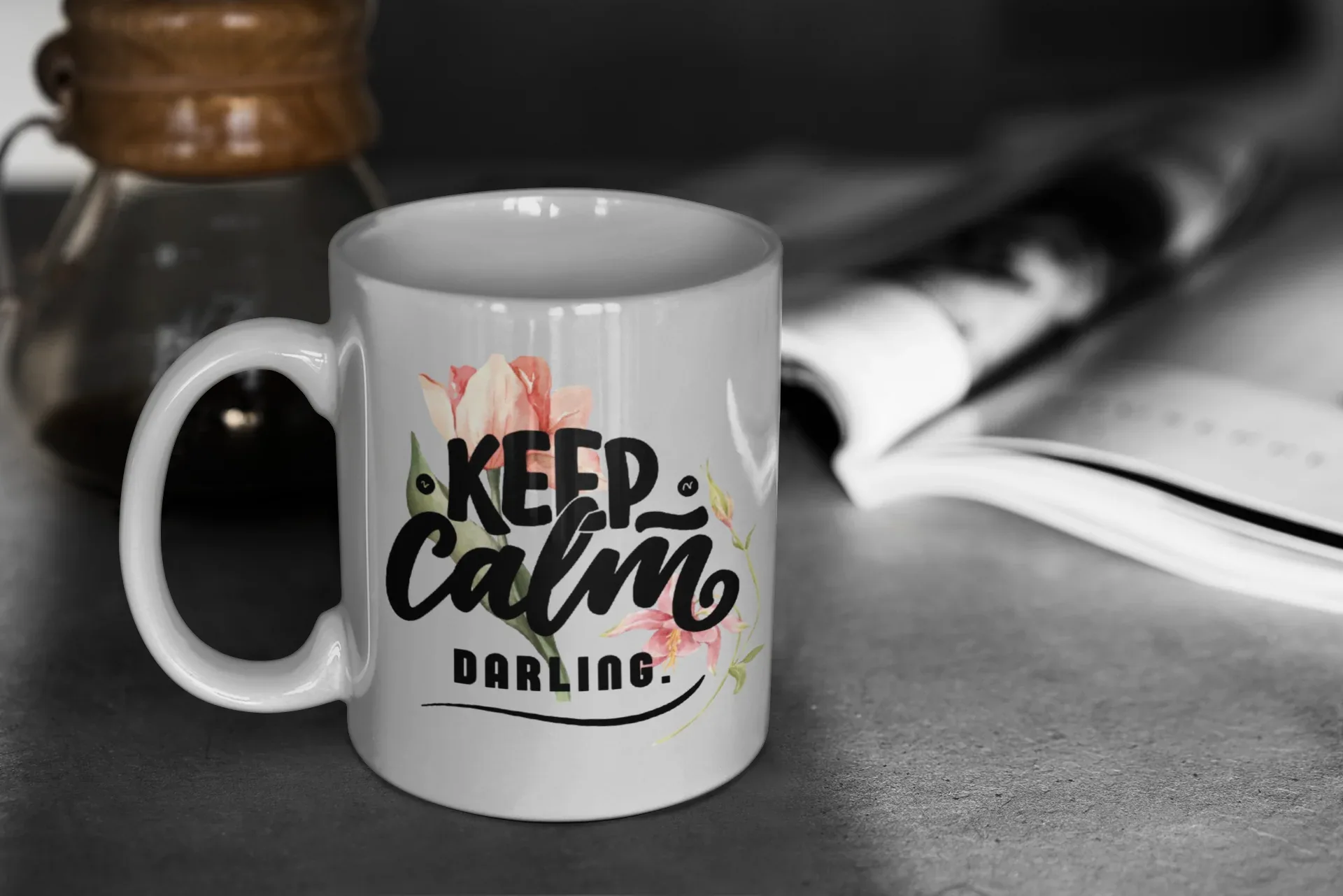 White ceramic mug with Keep Calm floral design and text "DARLING" on front.
