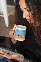 Dog graphic ceramic mug with blue “JUST LIVING” design and white rim