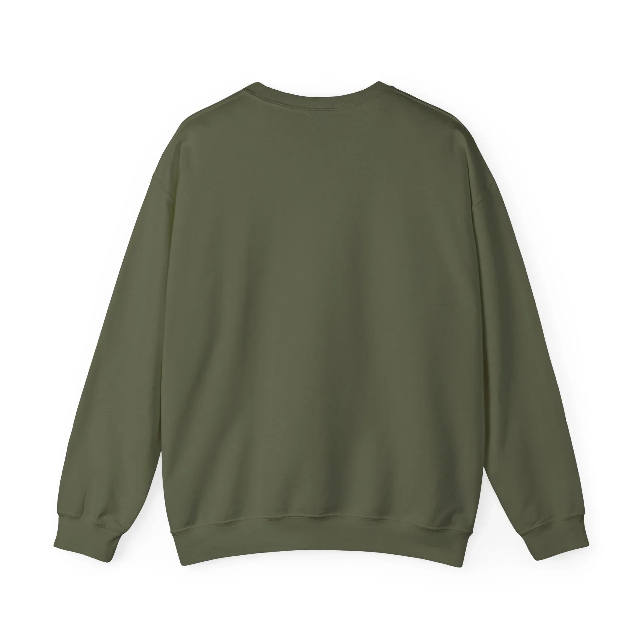 Olive green crewneck sweatshirt with plain back, round neckline, no visible print.
