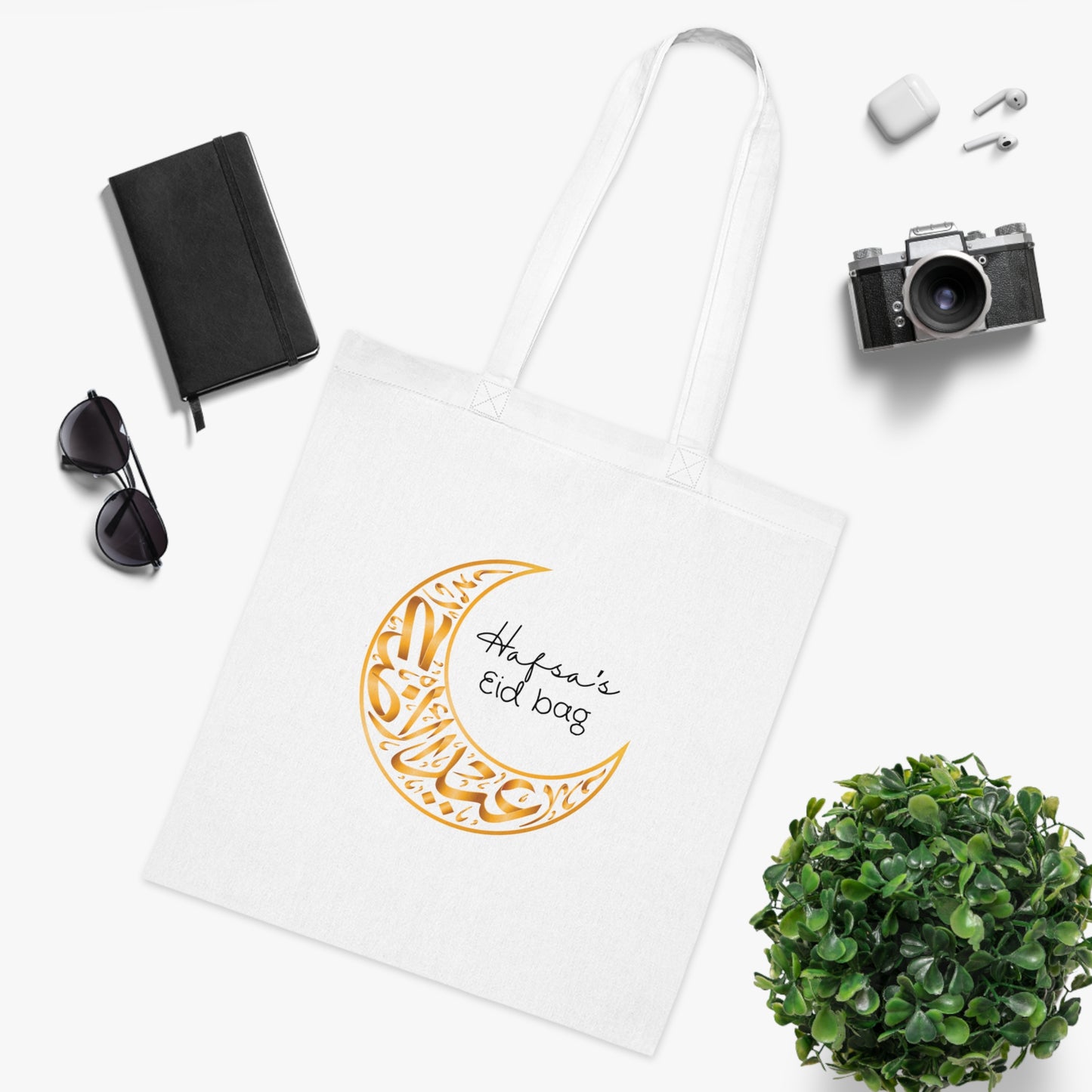 Personalised Eid Tote Bag | Custom Name Gold Crescent Moon Cotton Bag | Islamic Gift