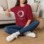 Red crew-neck t-shirt with sun-and-moon graphic and 'Harriet' text