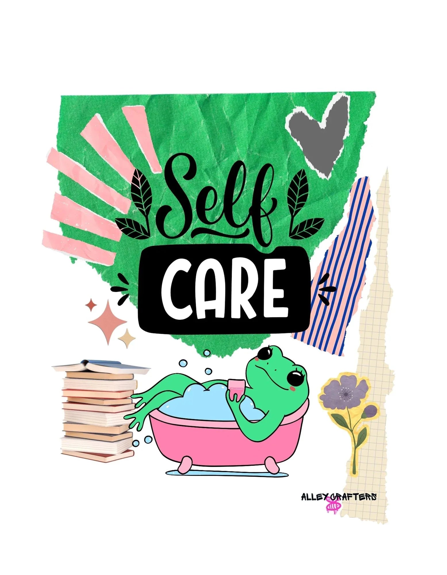 Close-up tote bag artwork: “Self Care” text with green frog illustration