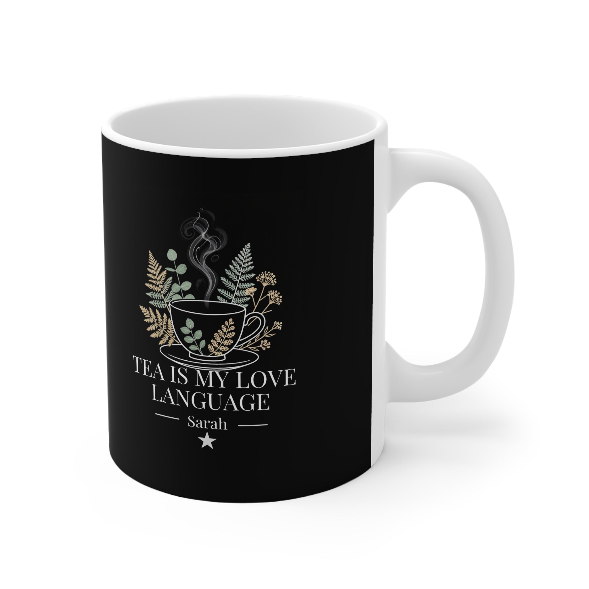 Black personalized tea mug front view with floral cup design, “Tea Is My Love Language” Sarah