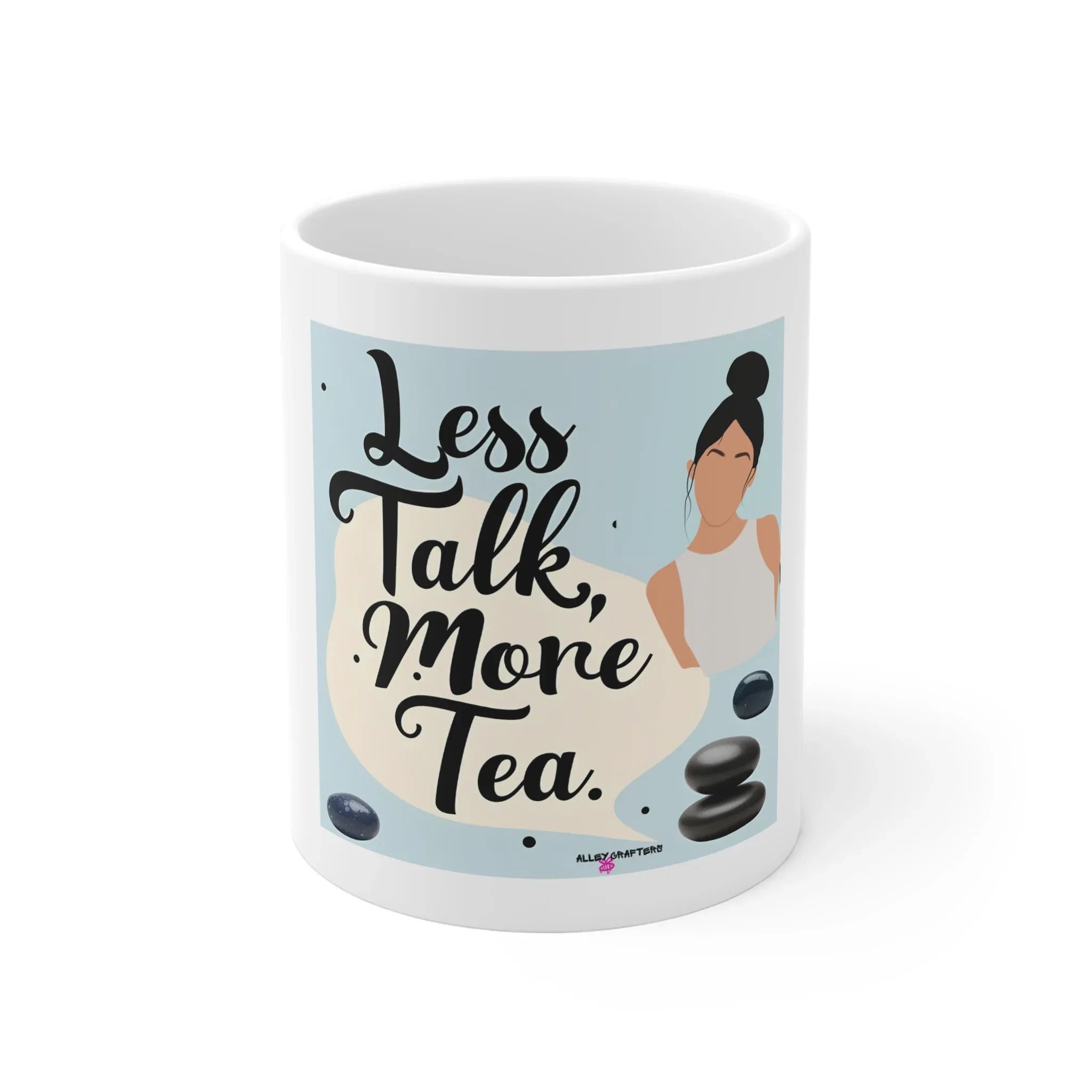White tea mug with blue background design featuring 'Less Talk, More Tea'