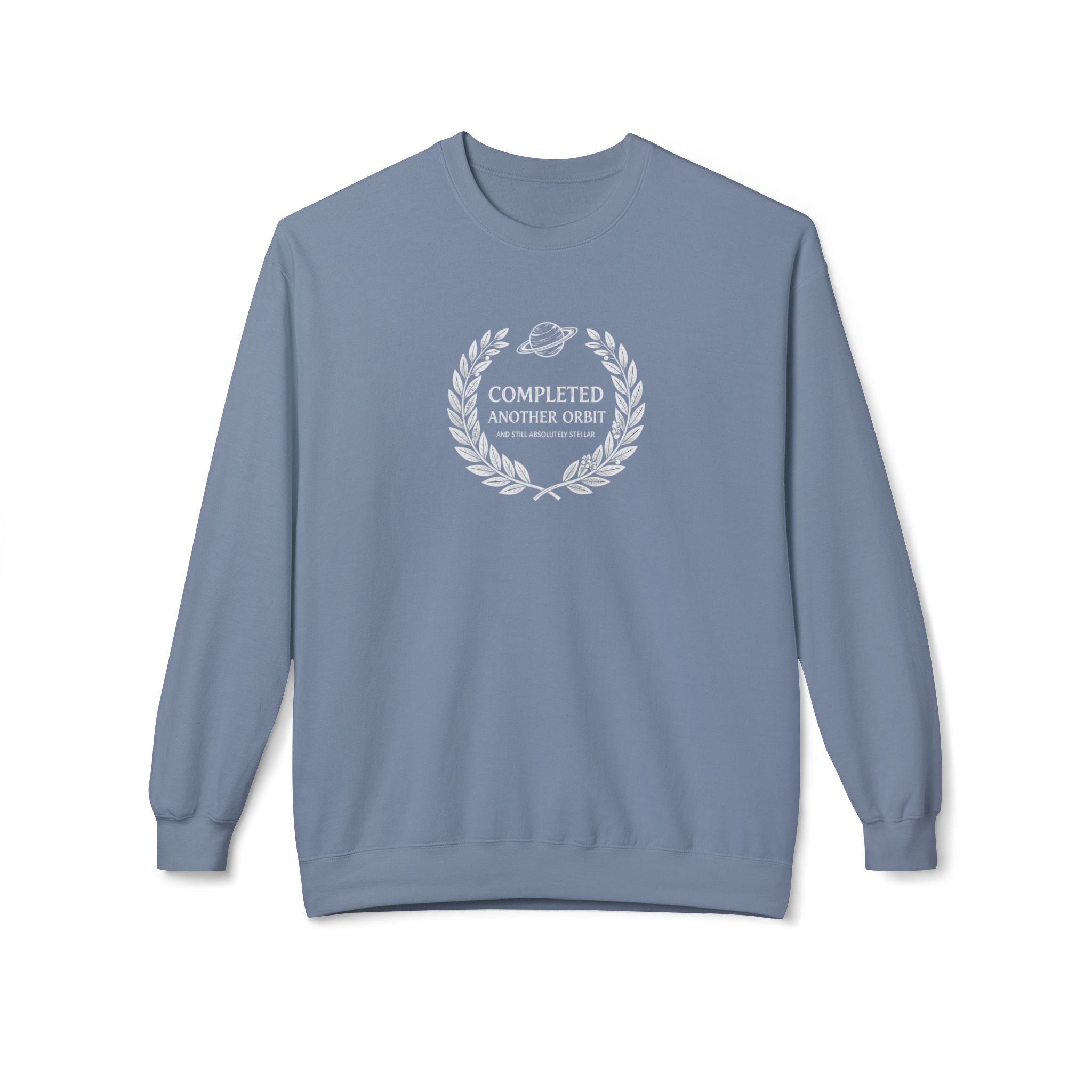 Light blue crewneck sweatshirt with laurel logo graphic on chest