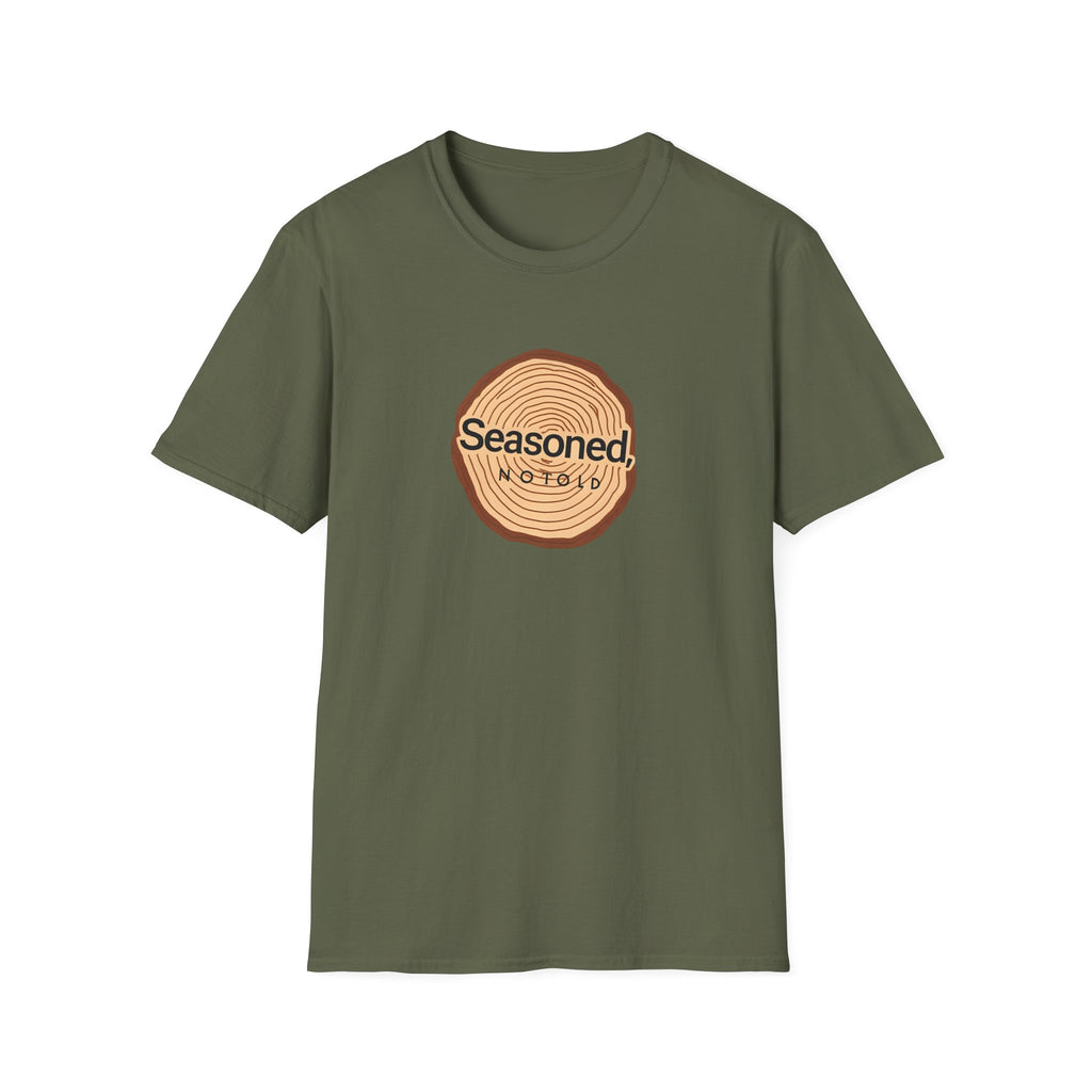 Olive green crew-neck T-shirt with circular tree-ring badge graphic reading 'Seasoned'