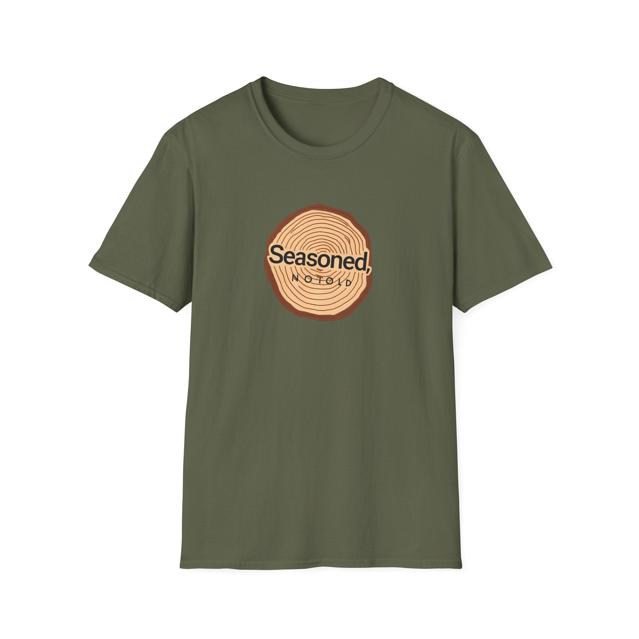 Olive green crew-neck T-shirt with circular tree-ring badge graphic reading 'Seasoned'