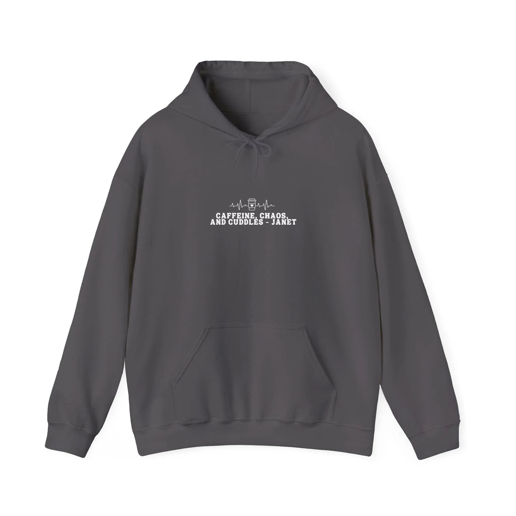 Charcoal gray hoodie sweatshirt with front pocket and drawstring hood, chest logo text.