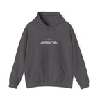 Charcoal gray hoodie sweatshirt with front pocket and drawstring hood, chest logo text.