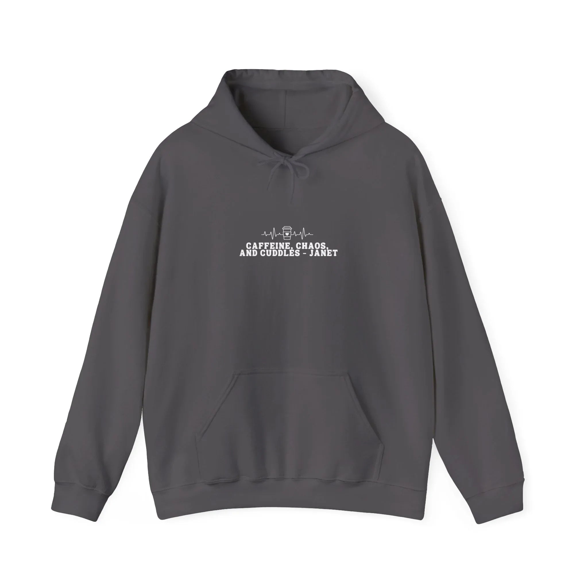 Charcoal gray hoodie sweatshirt with front pocket and drawstring hood, chest logo text.