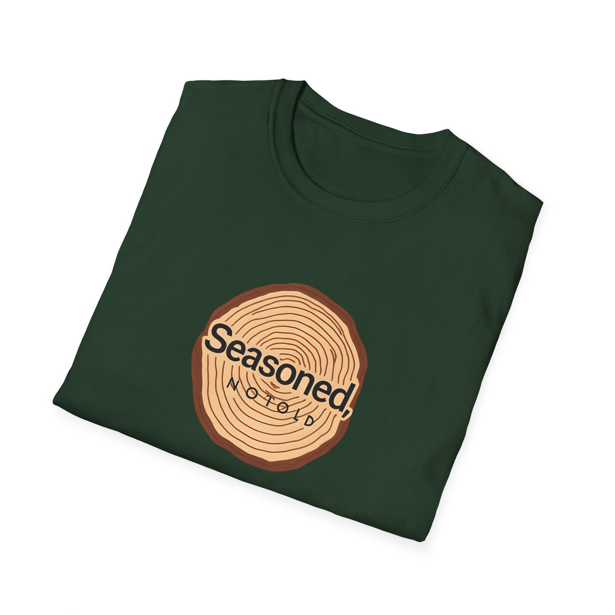 Forest green crewneck T-shirt with round wood-ring style graphic