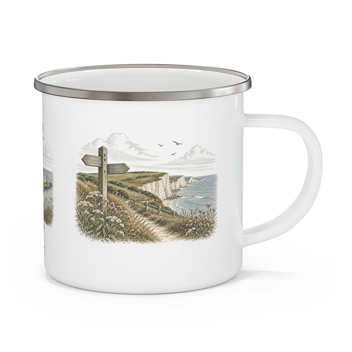 Whitby Enamel Camping Mug — Coastal Cottage Vintage Travel Illustration