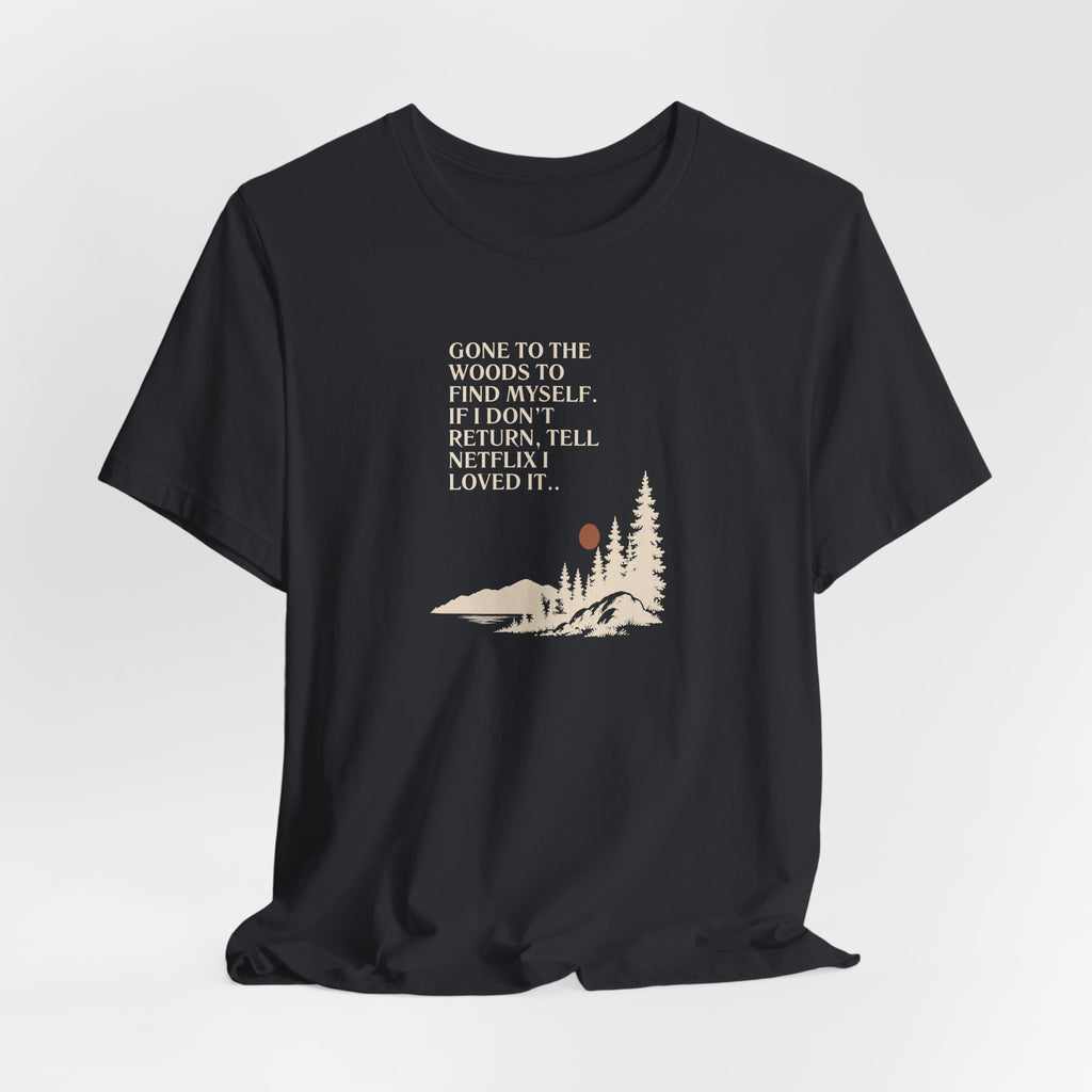 Black hiking T-shirt with crew neck and woods scene quote graphic