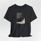 Black hiking T-shirt with crew neck and woods scene quote graphic