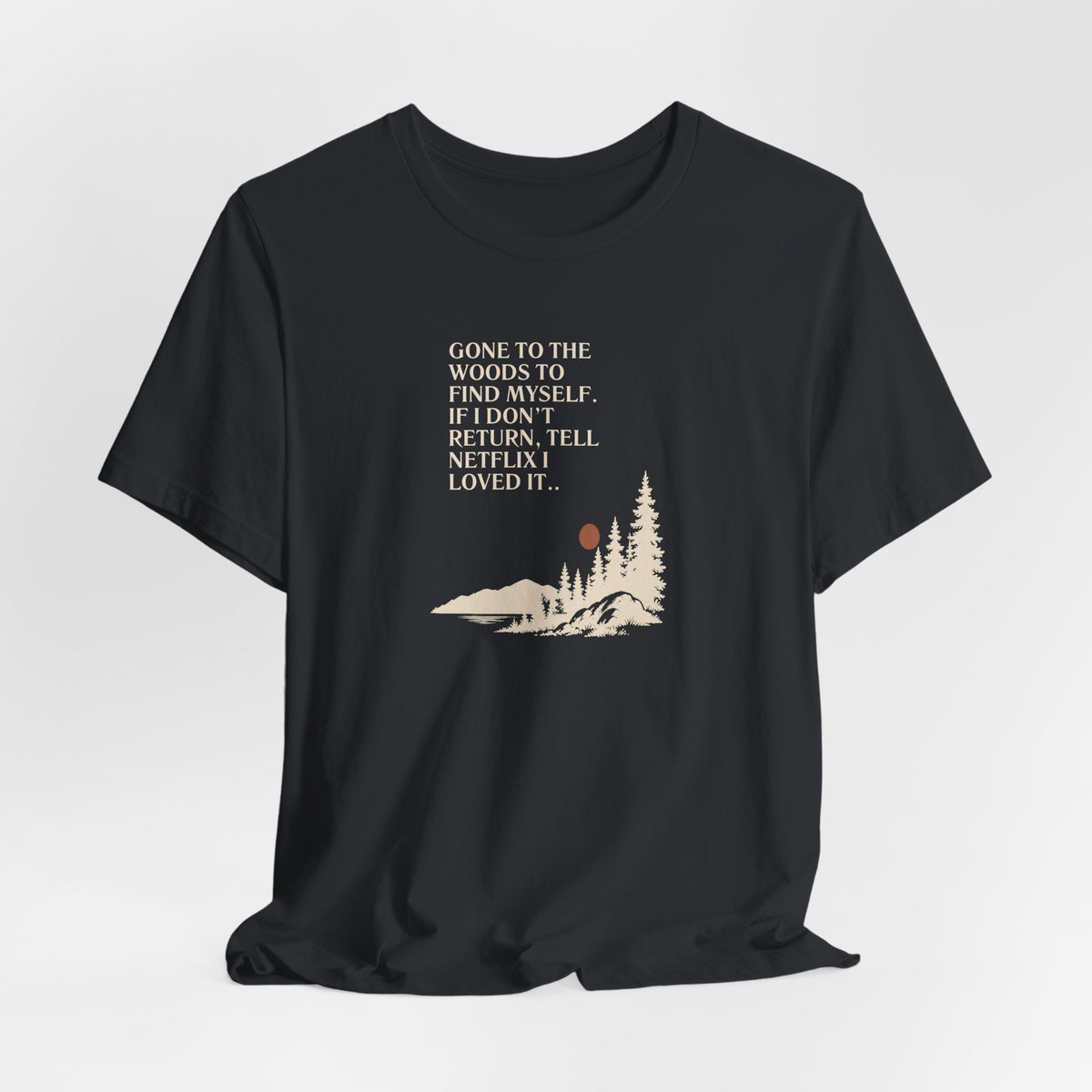 Black hiking T-shirt with crew neck and woods scene quote graphic