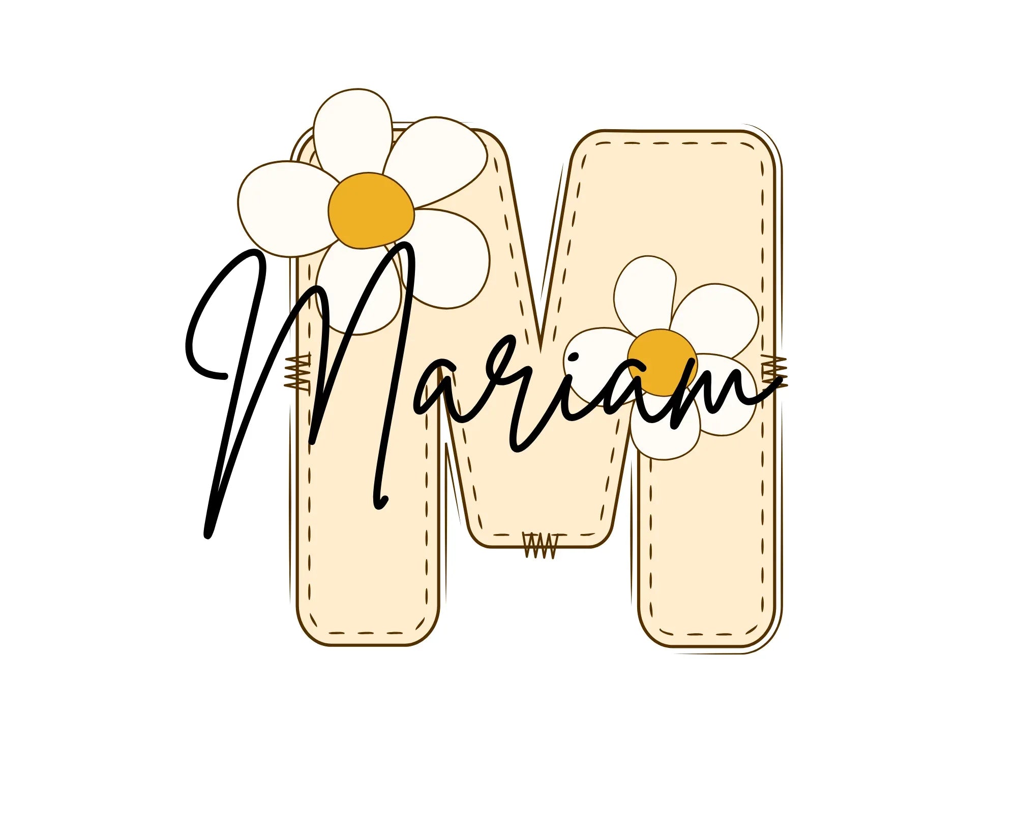 Floral letter design patch graphic with beige outline and white petals, name-style lettering