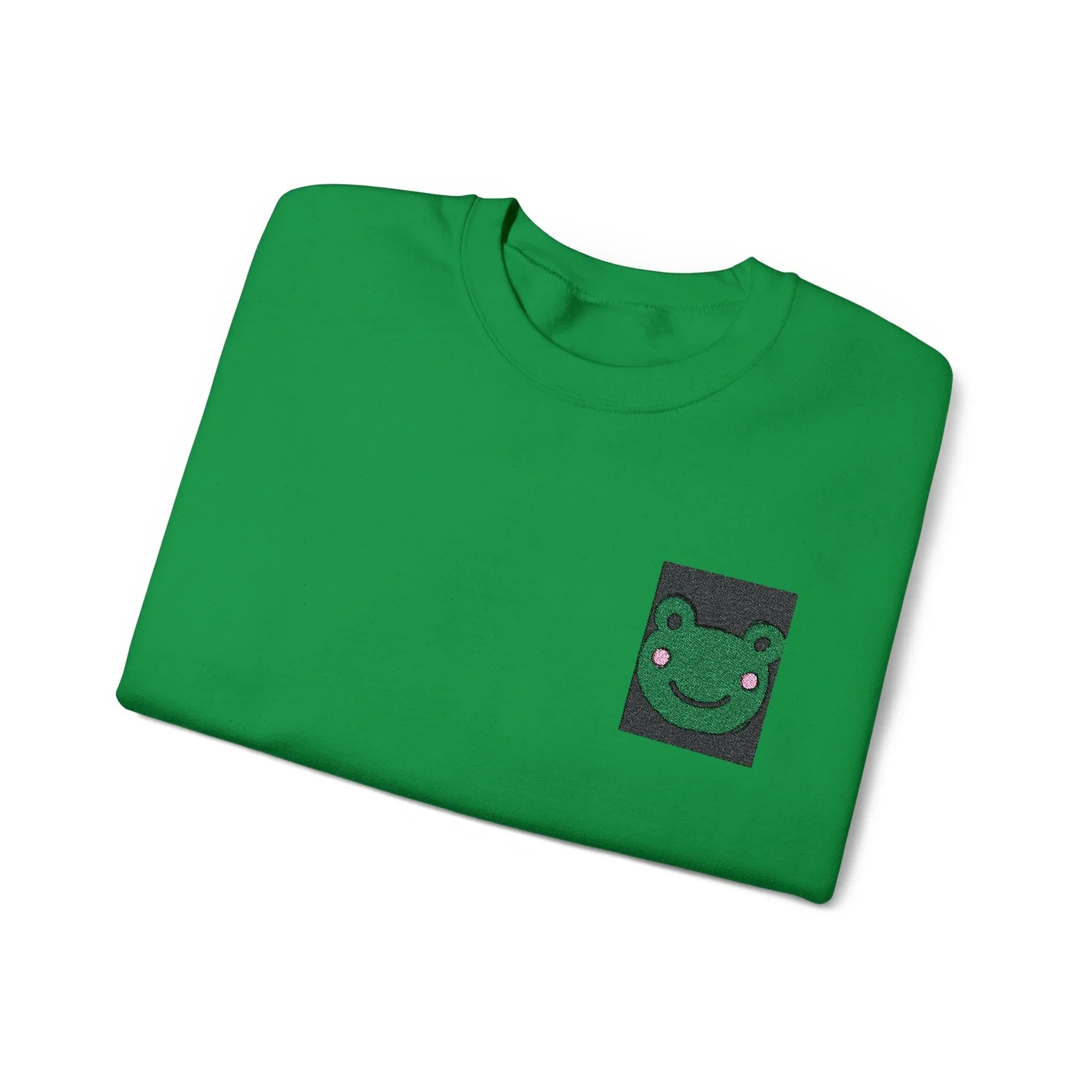 Irish green sweatshirt with square embroidered frog face patch on the left chest