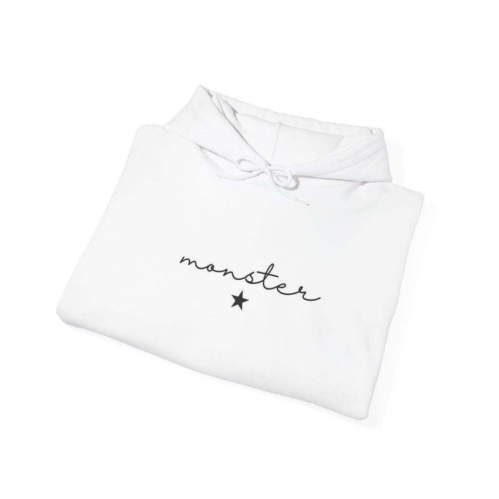 White folded hoodie with front monster graphic and drawstring hood