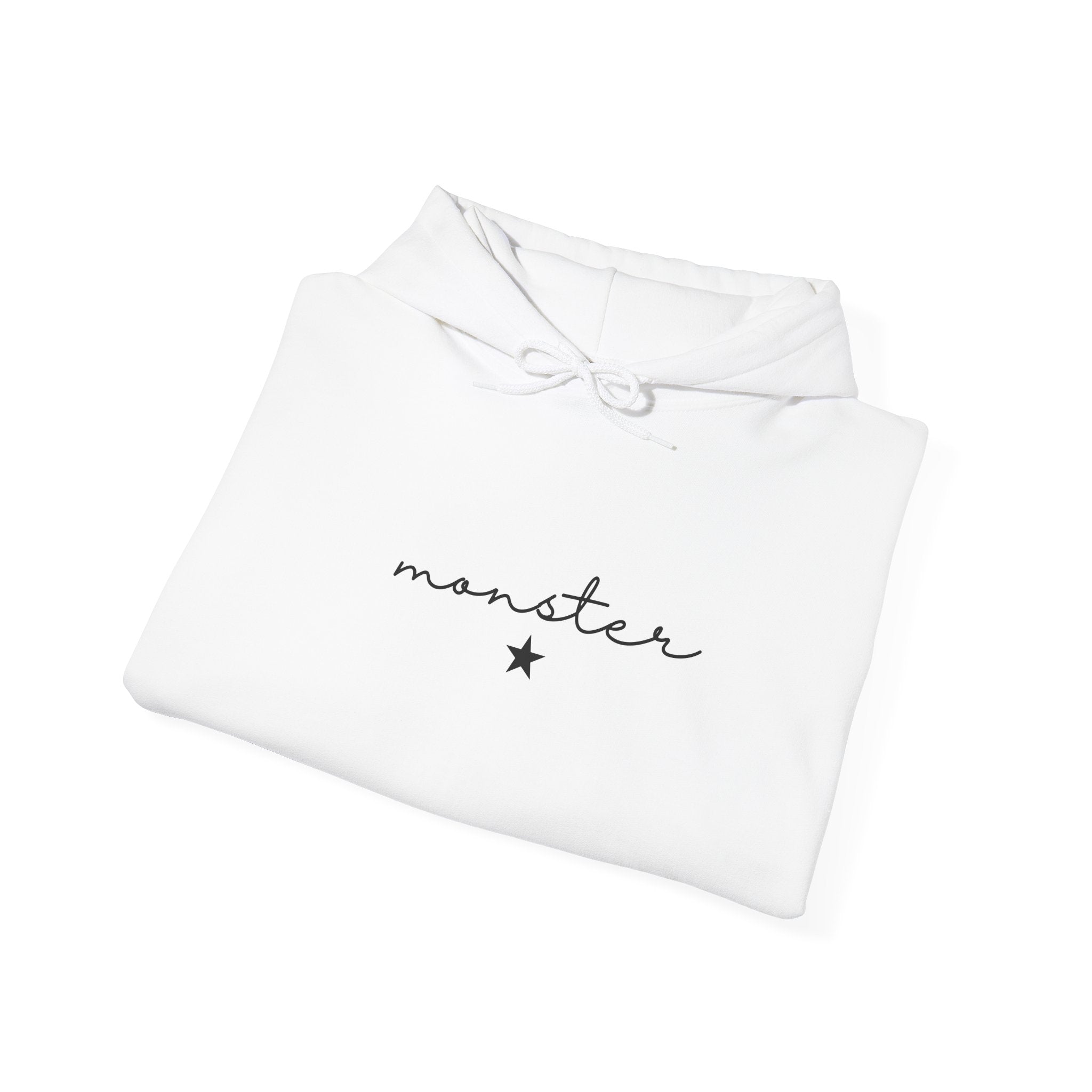 White folded hoodie with front monster graphic and drawstring hood