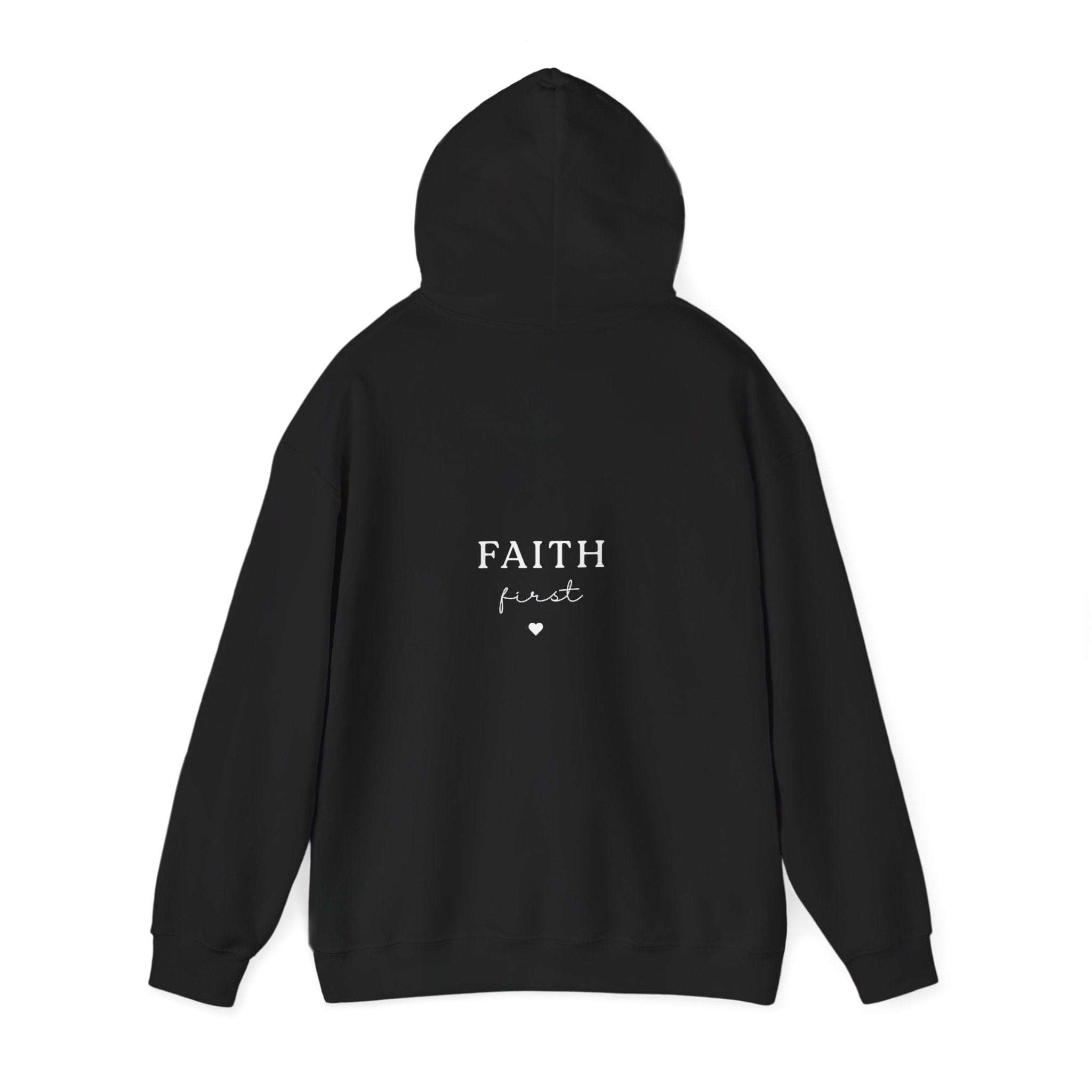 Black pullover hoodie sweatshirt, back view with "FAITH first" logo print