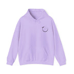 Orchid unisex yoga hoodie with drawstring hood and front kangaroo pocket, small chest emblem.