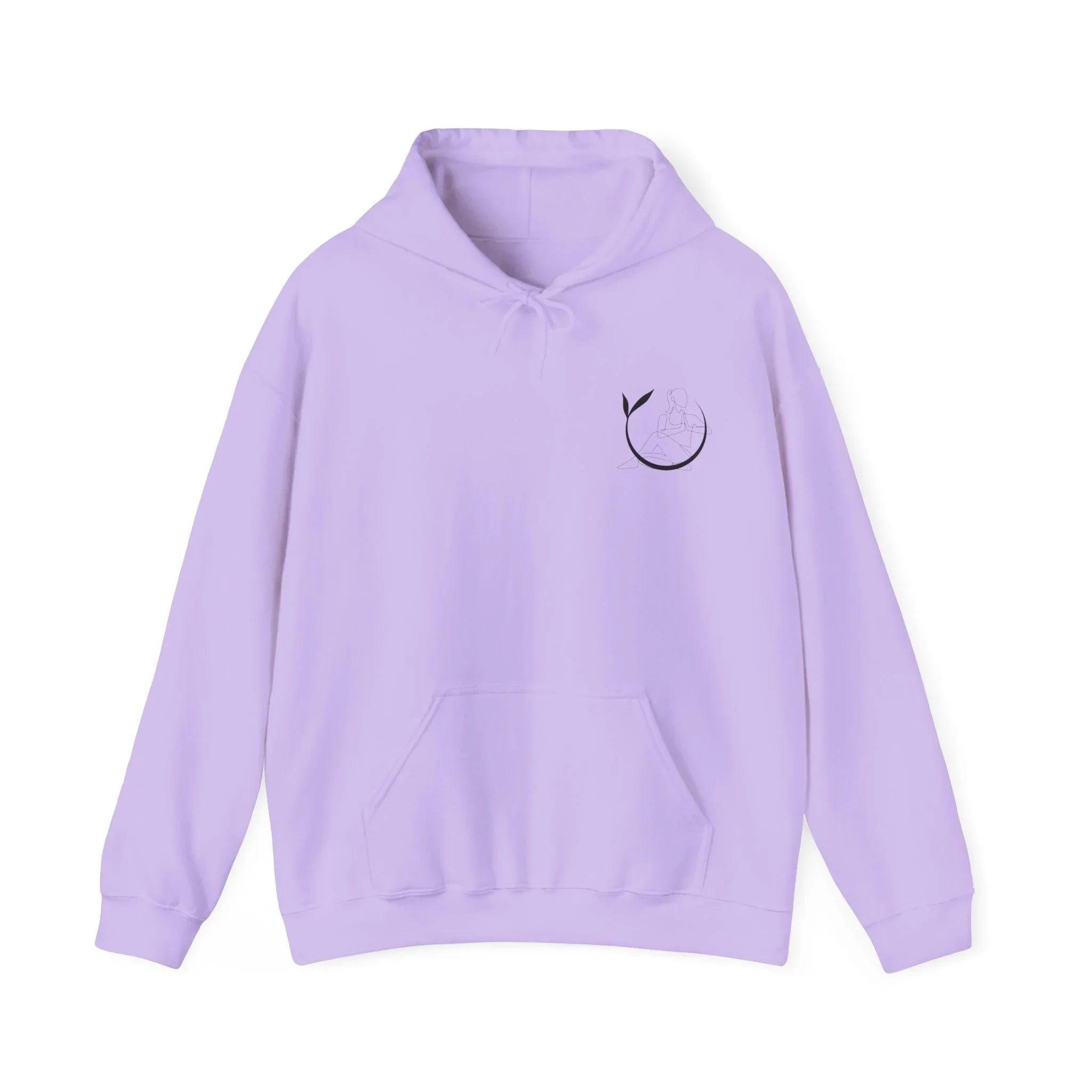 Orchid unisex yoga hoodie with drawstring hood and front kangaroo pocket, small chest emblem.