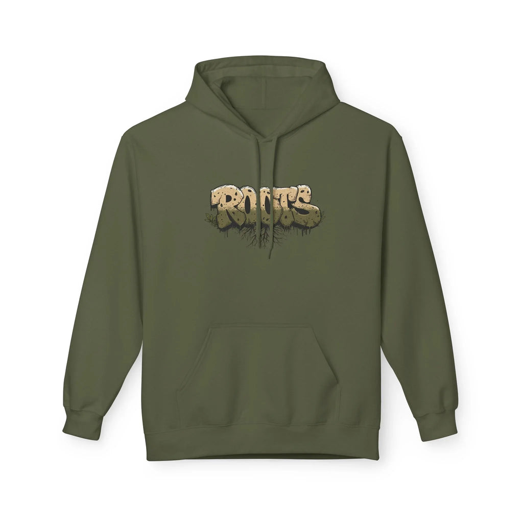 Dark green hoodie with drawstring hood, kangaroo pocket, and centered 'ROOTS' graphic.