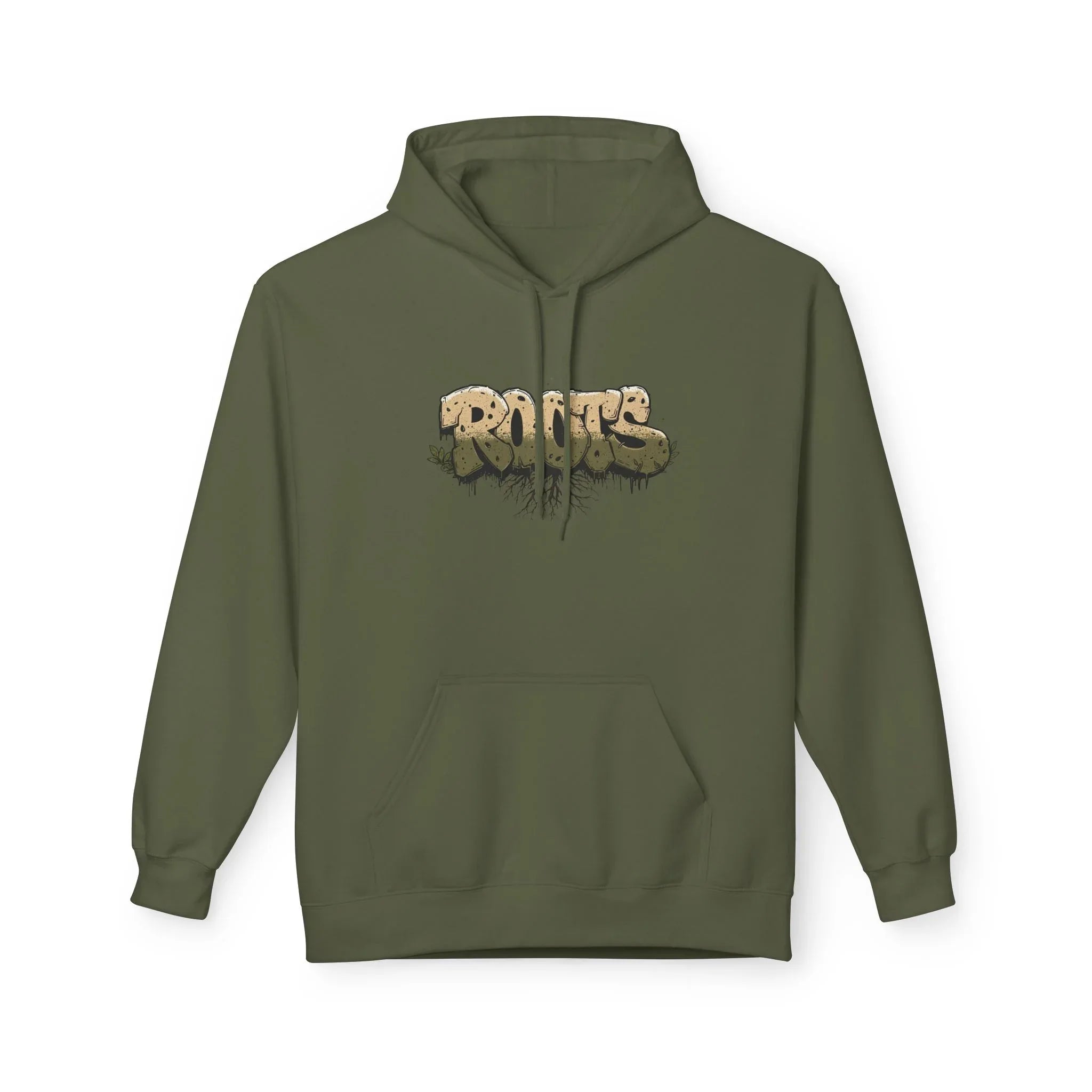 Dark green hoodie with drawstring hood, kangaroo pocket, and centered 'ROOTS' graphic.