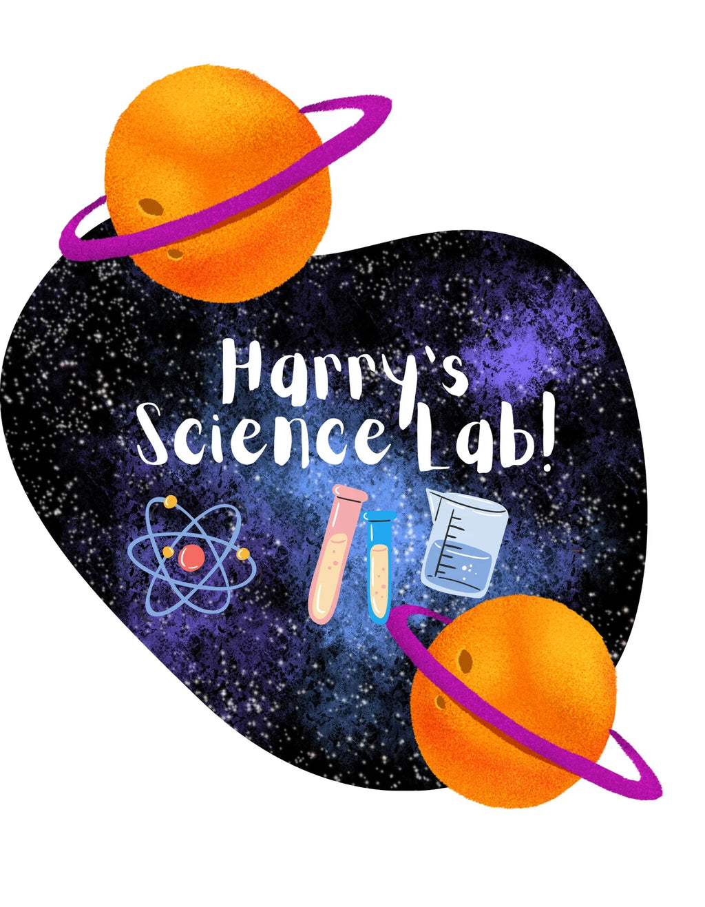 Heart-shaped science journal cover with planets and “Happy Science Lab” text