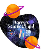 Heart-shaped science journal cover with planets and “Happy Science Lab” text