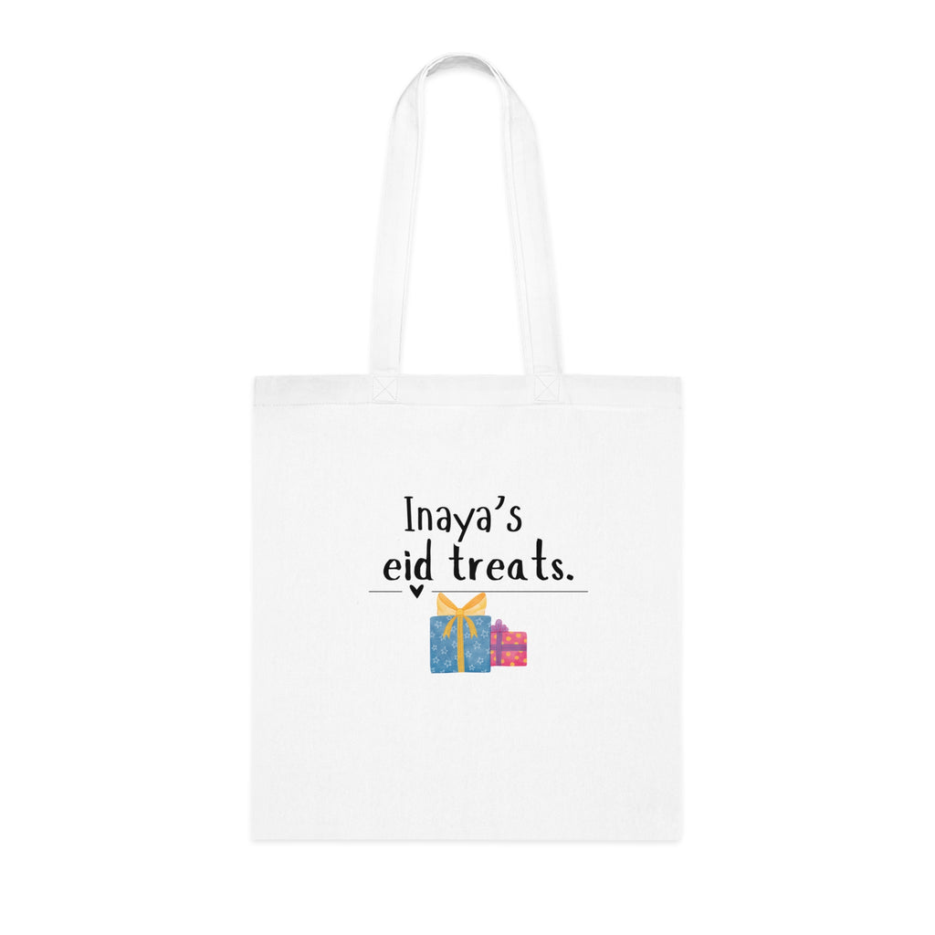 White cotton tote bag with “Inaya’s eid treats” text and gift box icon