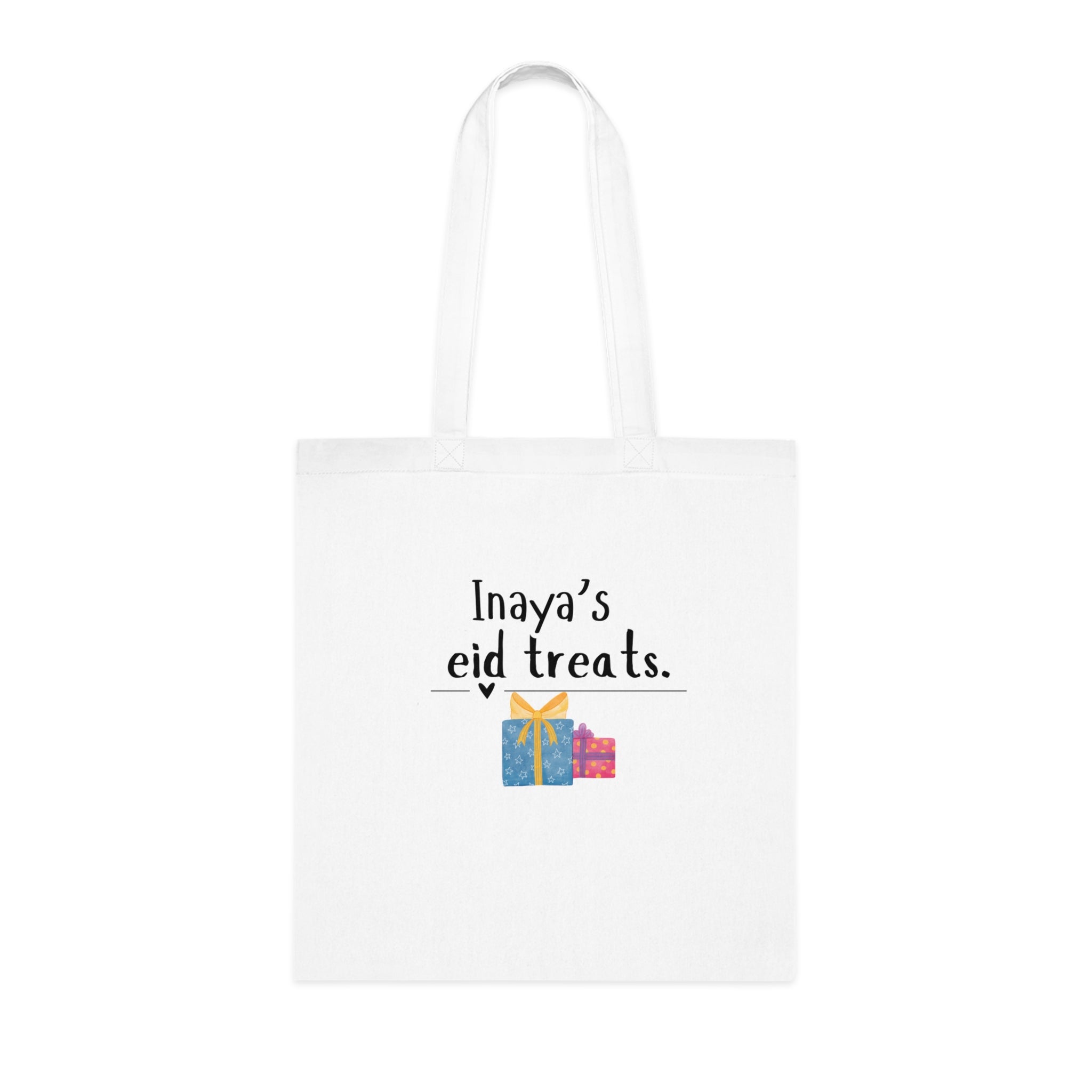 White cotton tote bag with “Inaya’s eid treats” text and gift box icon