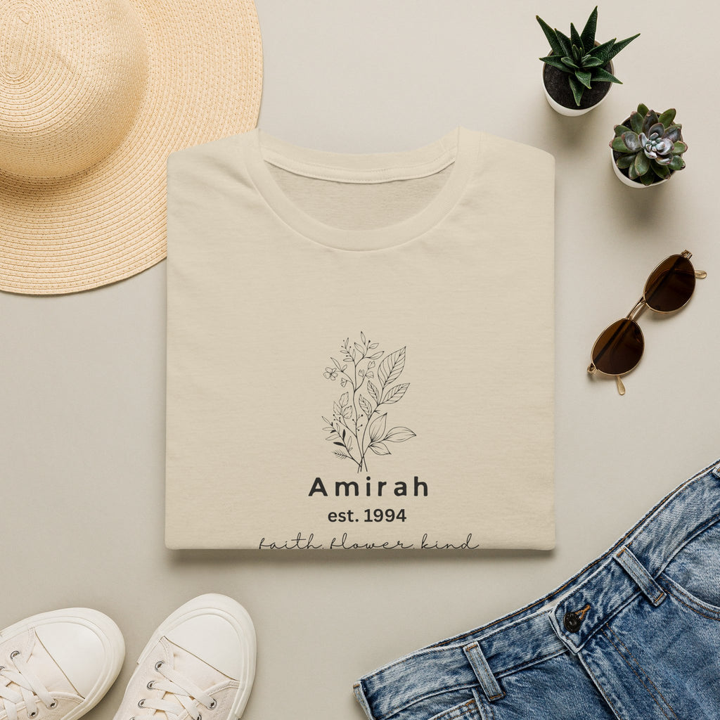 Personalized Floral Name T-Shirt — “Amirah est. 1994” Minimal Botanical Tee