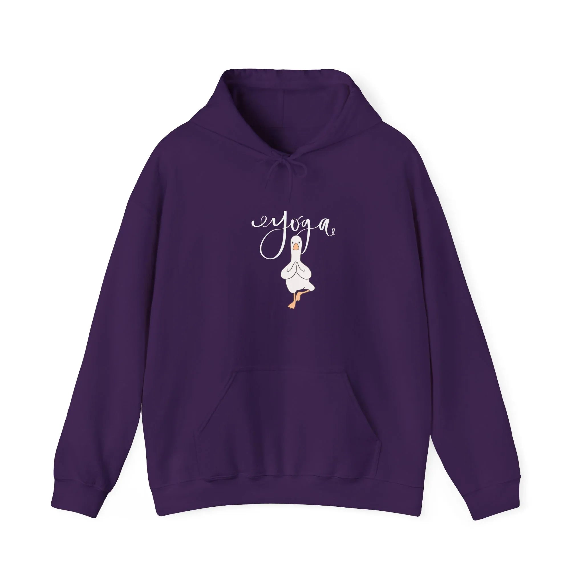 Purple duck pose hoodie with hood, drawstrings, and center duck graphic