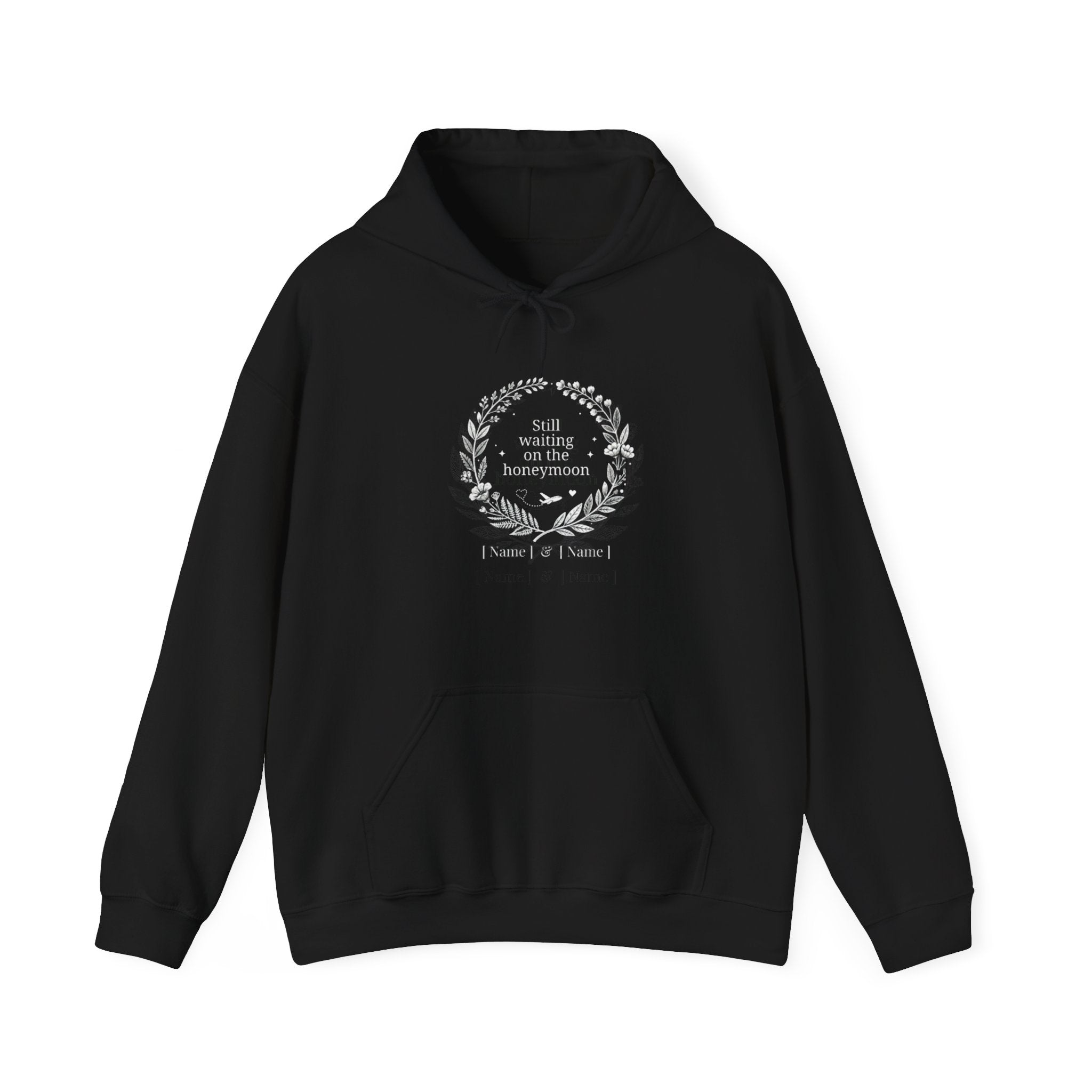 Black personalised couples hoodie with front pouch pocket and honeymoon wreath graphic