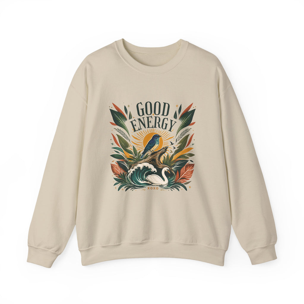 Beige unisex sweatshirt with “GOOD ENERGY” botanical bird graphic on front