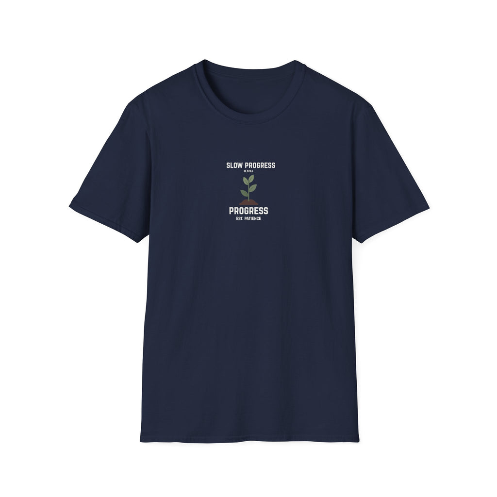 Navy crewneck t-shirt with centered 'Slow Progress Is Still Progress' plant graphic