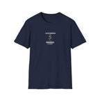 Navy crewneck t-shirt with centered 'Slow Progress Is Still Progress' plant graphic