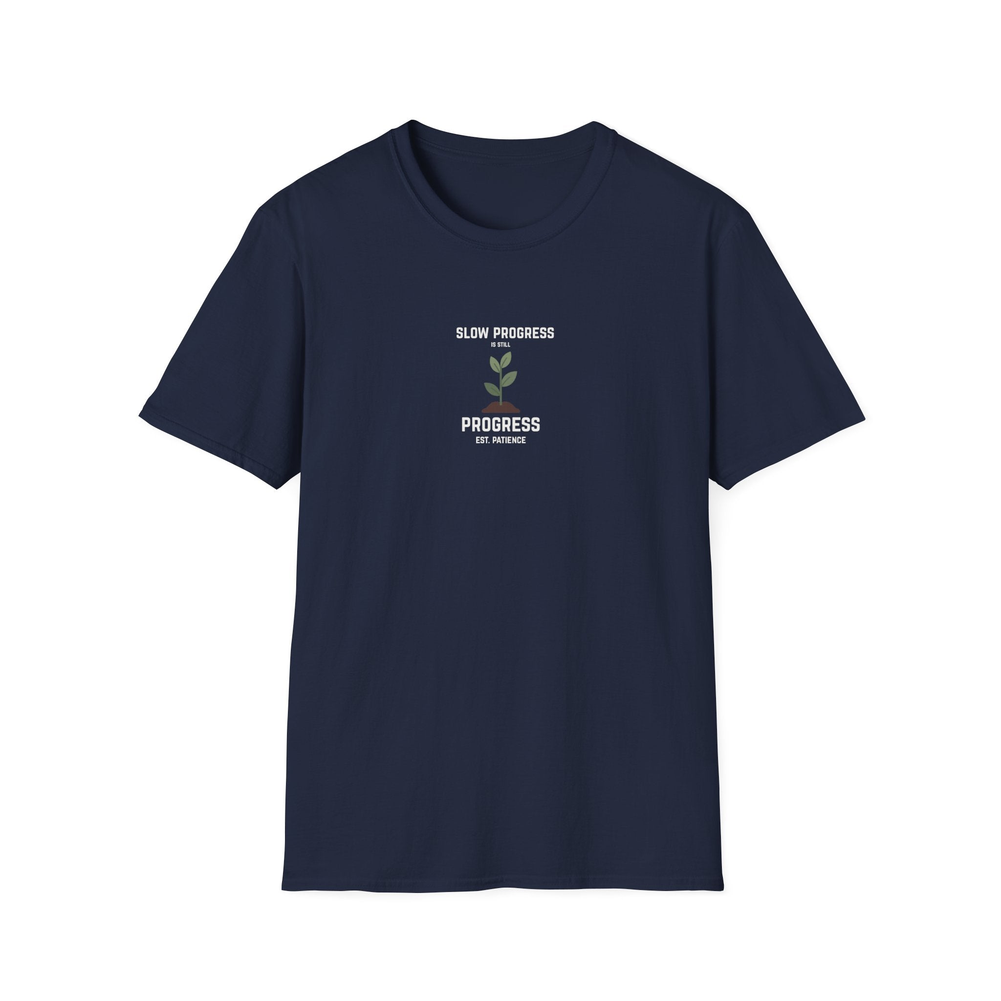 Navy crewneck t-shirt with centered 'Slow Progress Is Still Progress' plant graphic